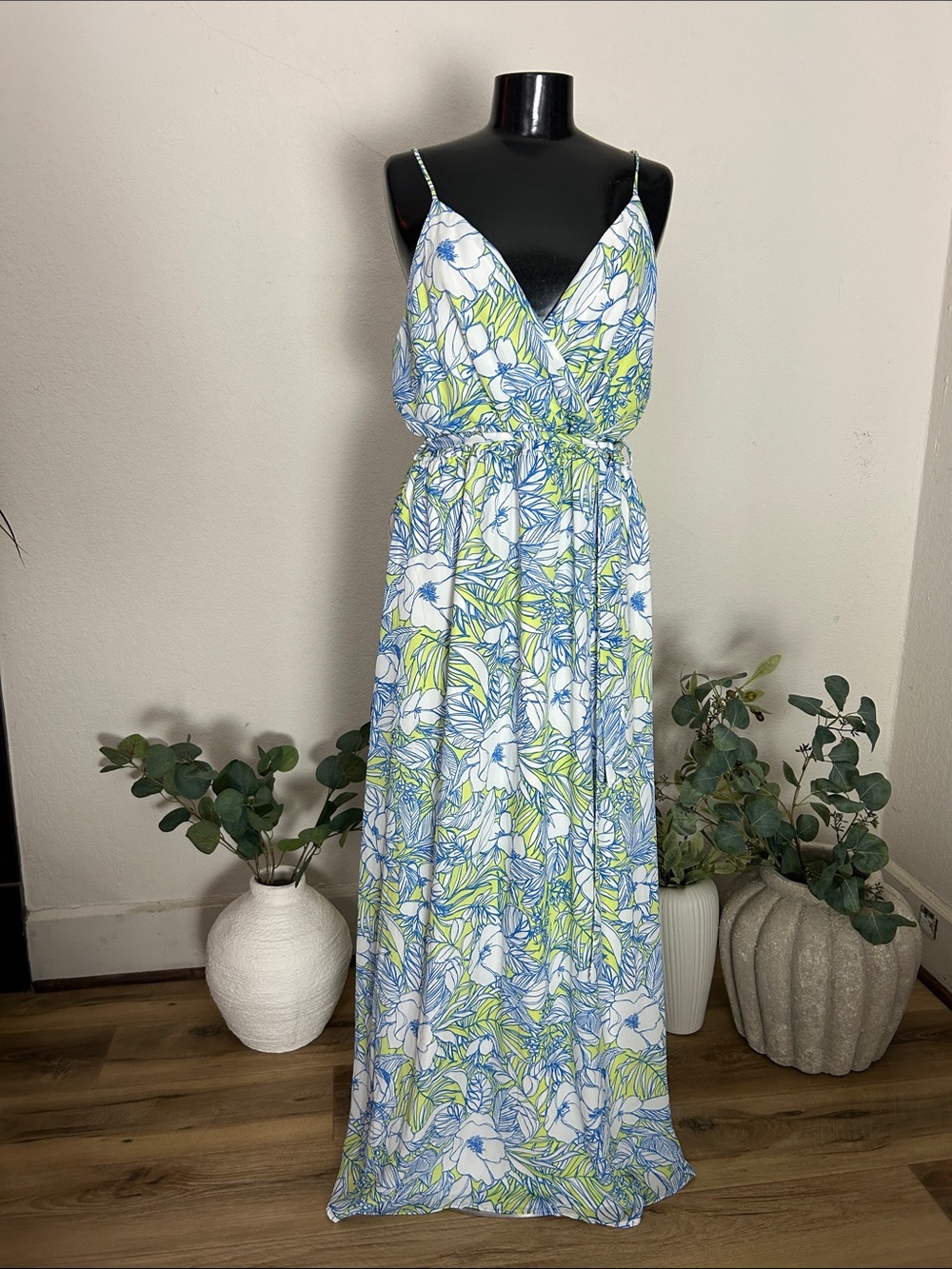Lulu’s, NWT, Sunrise in Paradise Blue Multi Tropical Print Maxi Dress, sz L